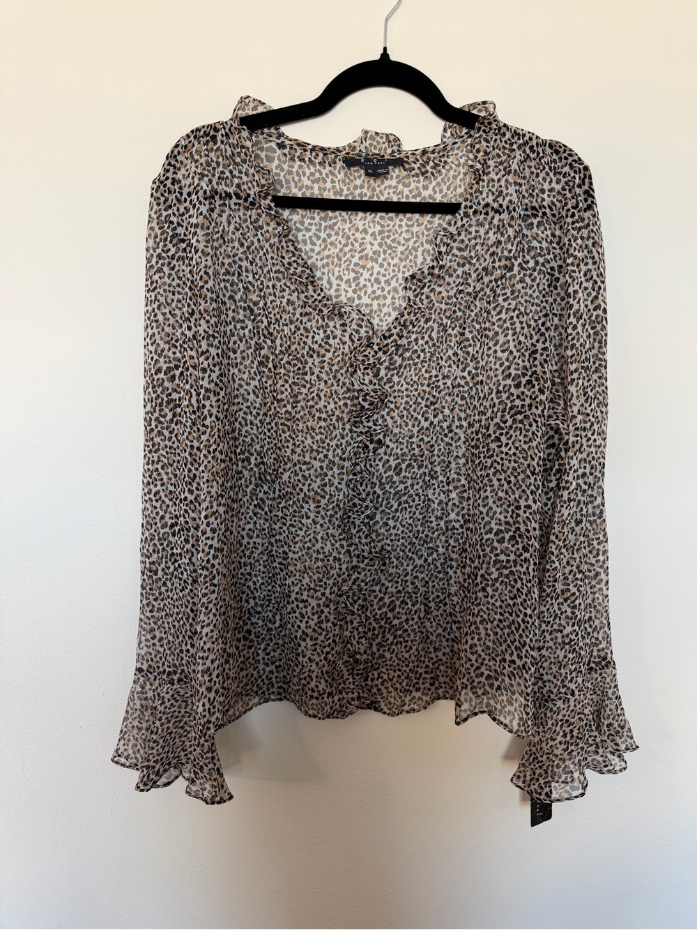 ECI New York Sheer Leopard Print Silk Feel Ruffle Bell Sleeve Blouse NWT XL